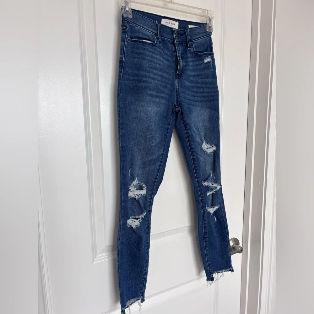 PacSun High Rise Destressed Power Super Stretch Ankle Skinny Raw Hem Size 23 - Picture 1 of 8